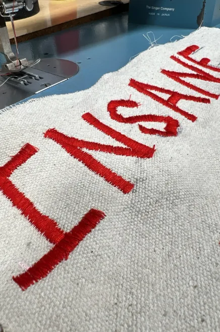 Chainstitch embroidery detail, INSANE lettering